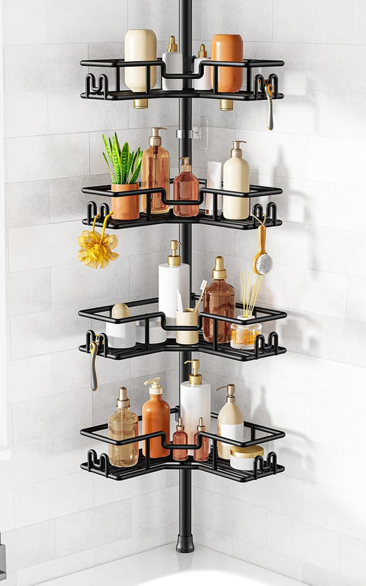 HAMITOR Shower Caddy Tension Pole: 4-Tier Adjustable Corner Shelf Black