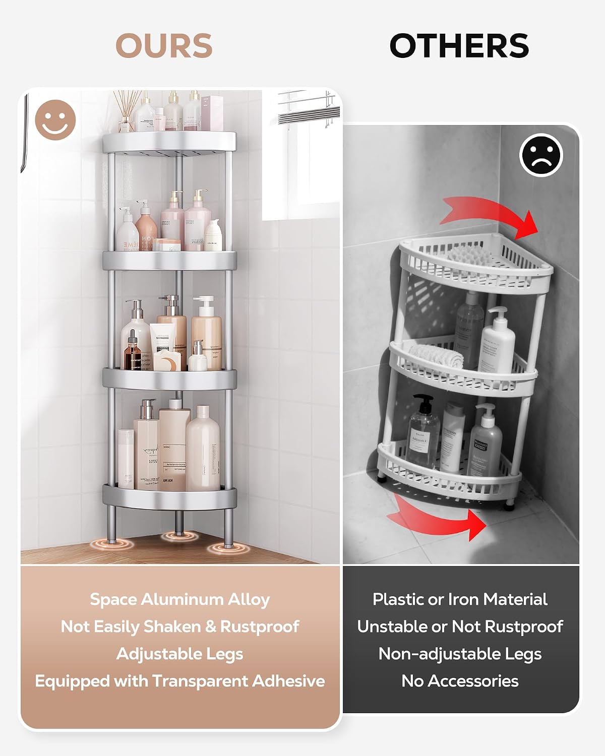 Nieifi 4 Tier Aluminum Corner Shower Caddy Standing Rustproof-Silver