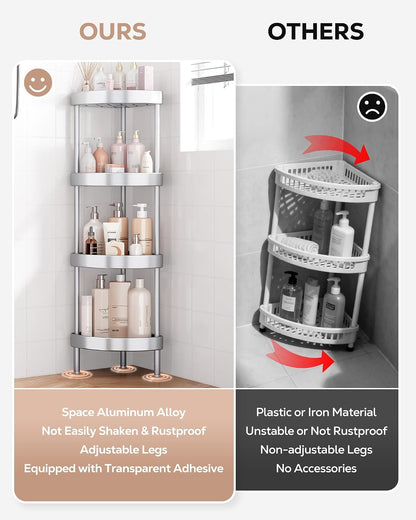 Nieifi 4 Tier Aluminum Corner Shower Caddy Standing Rustproof-Silver