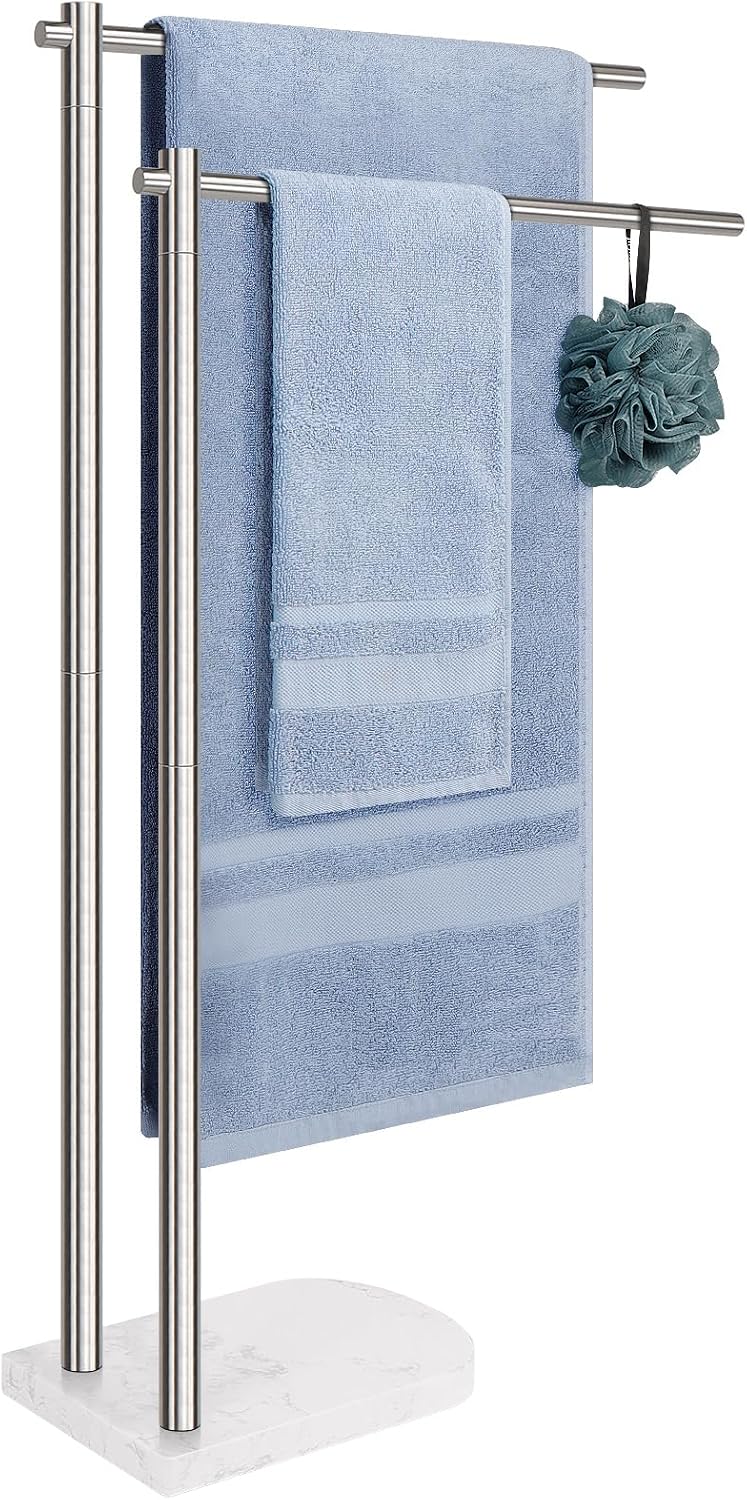 Livabber Standing Towel Rack, 304 Stainless Steel 2-Tier Towel Holder Stand with Marble Base, Modern Stylish Tall Shower Towel Bar for Bathroom Accessories, Pool（Brushed Nickel）