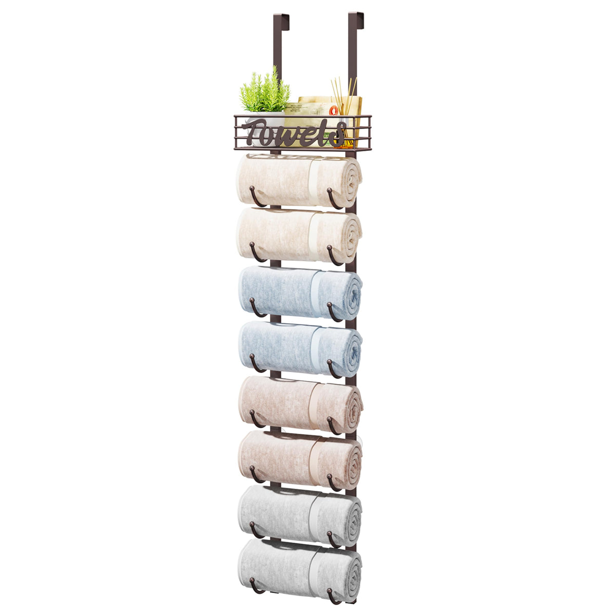 HapiRm Towel Racks for Bathroom Storage - 6 Tier Over The Door & Wall Mount Rolled Towel Storage Organizer Holder with Metal Shelf Basket for Small Bathroom, Camper, Rv - Black, Patented