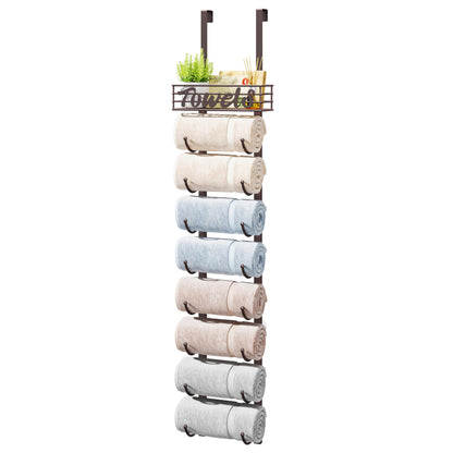 HapiRm Towel Racks for Bathroom Storage - 6 Tier Over The Door & Wall Mount Rolled Towel Storage Organizer Holder with Metal Shelf Basket for Small Bathroom, Camper, Rv - Black, Patented