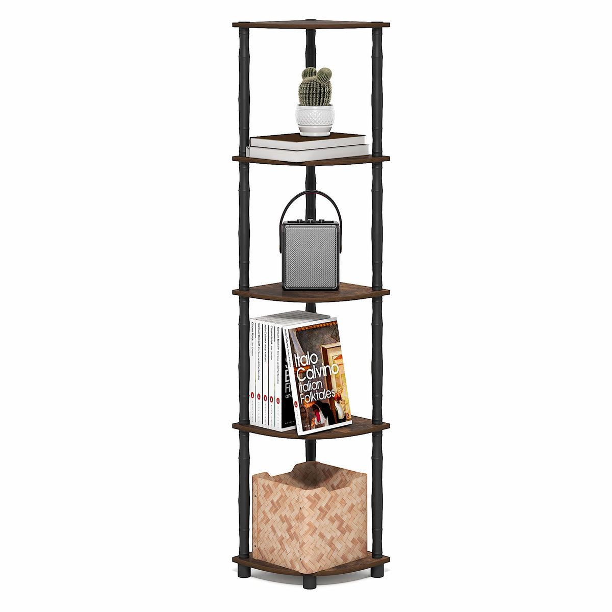 Furinno Turn-N-Tube Corner Shelf, 5-Tier Corner Bookshelf, Open Storage Shelves, for Organization and Storage, Living Room, Home Office, Garage, Bedroom, Black Espresso