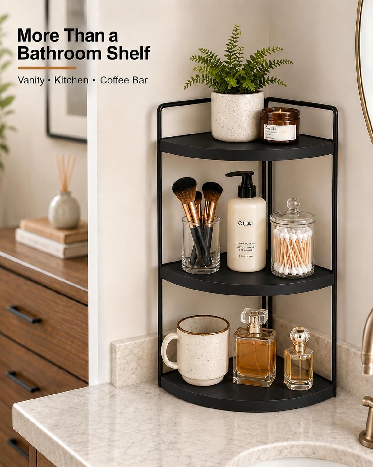 3-Tier Corner Bathroom Counter Organizer, Solid Pine Vanity Shelf, Black