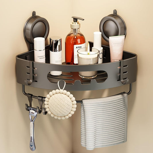 Voldra Corner Shower Caddy Suction Cup, Aluminum Corner Shower Shelves for Wall No Drilling, Large Suction Cup Shower Organizer with Towel Bar & Hooks Removable Bathroom Storage Rack(1 Pack-Gray)