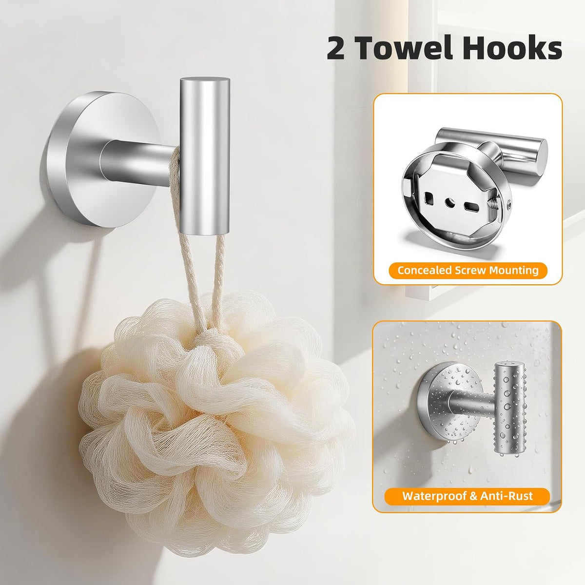Brushed Nickel 5-Piece Bathroom Hardware Set, 23.6 Inch Towel Bar Set SUS304 Stainless Steel Towel Racks Round Towel Bar, Towel Ring, Toilet Paper Holder, 2 Robe Hooks, Wall Mounted
