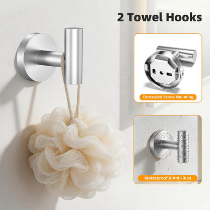 Brushed Nickel 5-Piece Bathroom Hardware Set, 23.6 Inch Towel Bar Set SUS304 Stainless Steel Towel Racks Round Towel Bar, Towel Ring, Toilet Paper Holder, 2 Robe Hooks, Wall Mounted