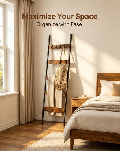 HOOBRO Blanket Ladder, 5-Tier Towel Rack with Hooks, Wall-Leaning Blanket Rack, Decorative Display Ladder Shelf, for Scarves, Industrial, Living Room, Bedroom, Rustic Brown and Black BF52CJ01