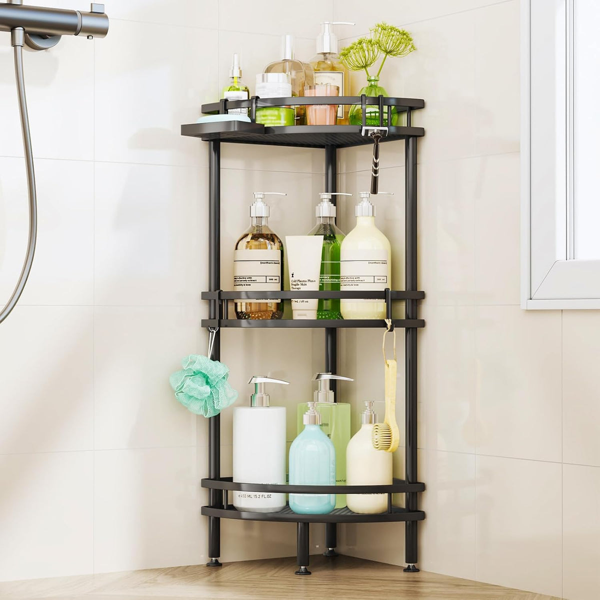 HapiRm Standing Corner Shower Caddy - 3 Tier Shower Organizer Corner with Soap Holder and 4 Hooks, Rustproof Bathroom Storage Shelves with Adhesives, Black