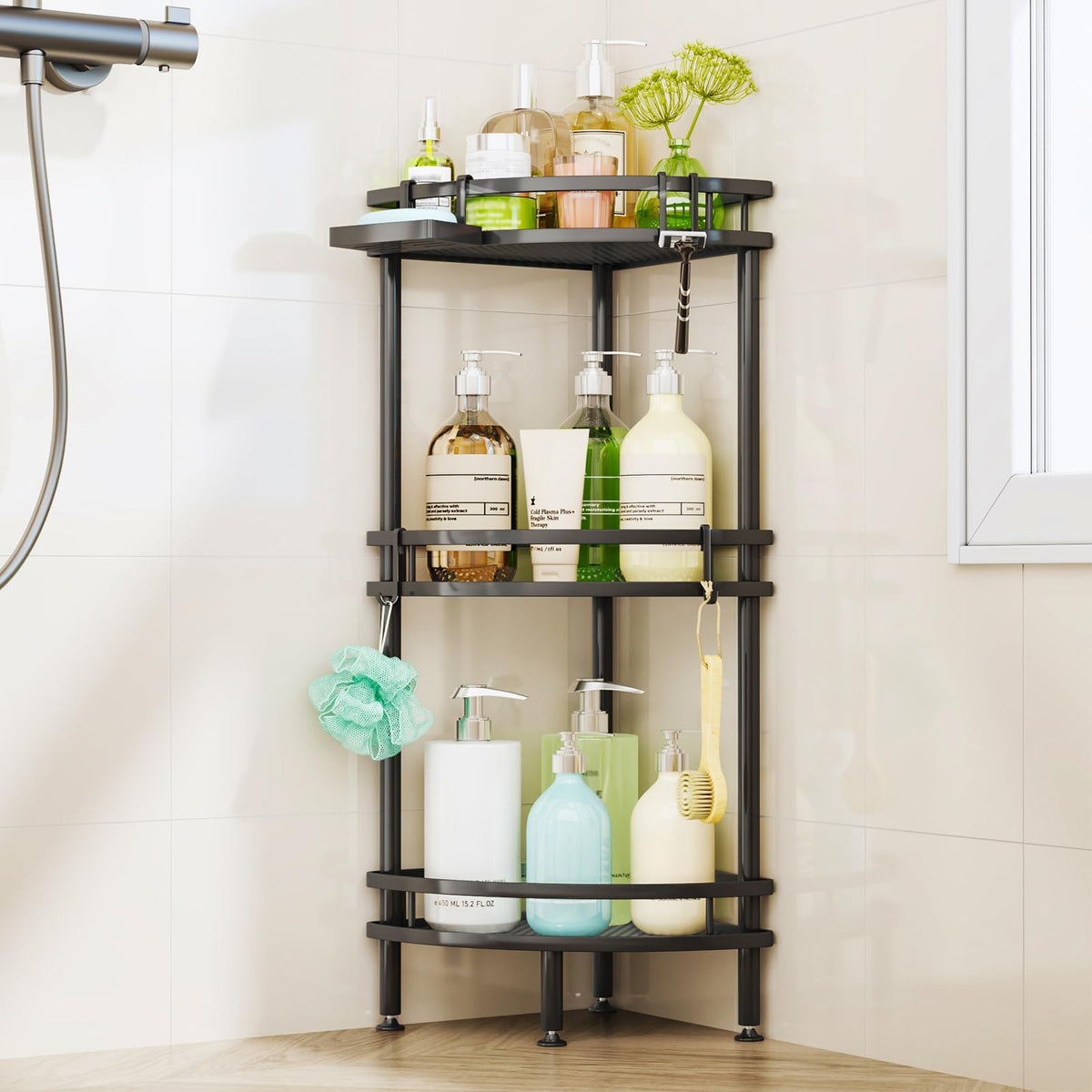 HapiRm Standing Corner Shower Caddy - 3 Tier Shower Organizer Corner with Soap Holder and 4 Hooks, Rustproof Bathroom Storage Shelves with Adhesives, Black