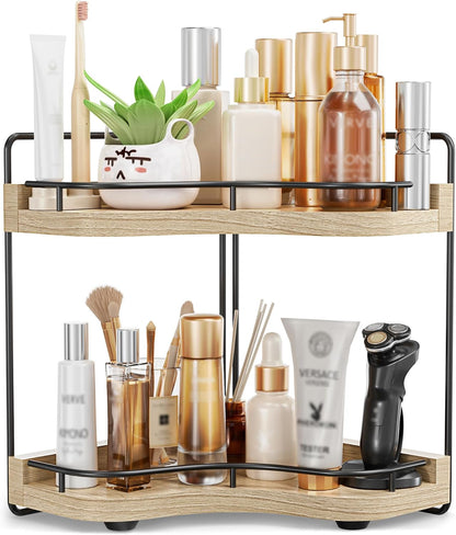 2-Tier Corner Bathroom Counter Organizer, Larger, Light Walnut