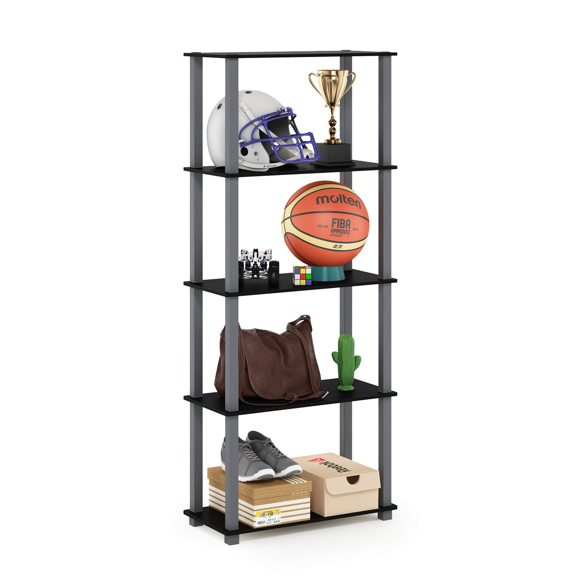 Furinno TURN-N-TUBE Corner Shelf, 5-Tier Corner Bookshelf, Open Storage Shelves, for Organization and Storage, Living Room, Home Office, Garage, Bedroom, Amber Pine