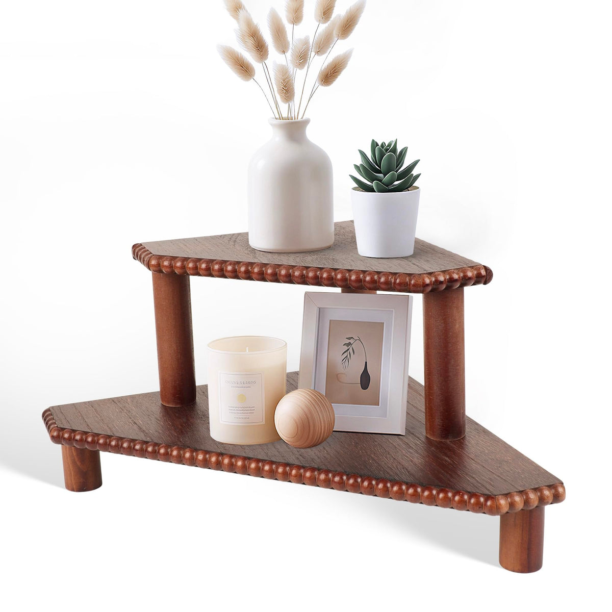 2-Tier Rustic Corner Shelf for Kitchen Counter,Wood Beaded Farmhouse Countertop Organizer with Removable Feet, Stackable Bathroom Vanity & Coffee Bar Decorative Riser Stand(Rustic White)