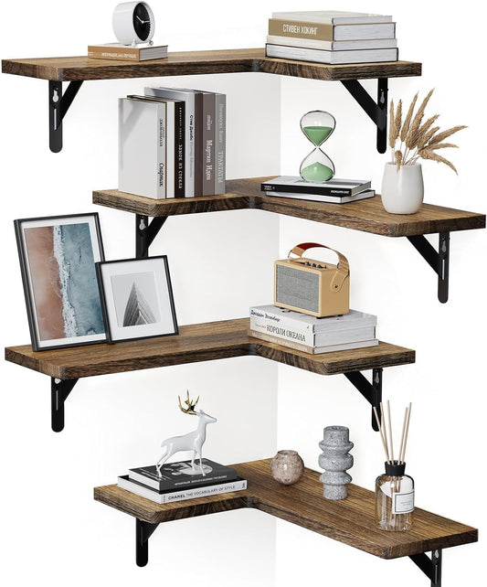 Amada Corner Floating Shelves, Paulownia Wood, Set of 4, Brown