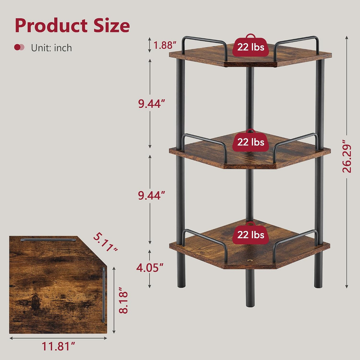 Tajsoon 3 Tier Corner Shelf Stand, Small Corner Table, Rustic Brown