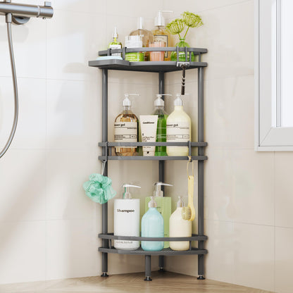 HapiRm Standing Corner Shower Caddy - 3 Tier Shower Organizer Corner with Soap Holder and 4 Hooks, Rustproof Bathroom Storage Shelves with Adhesives, Black