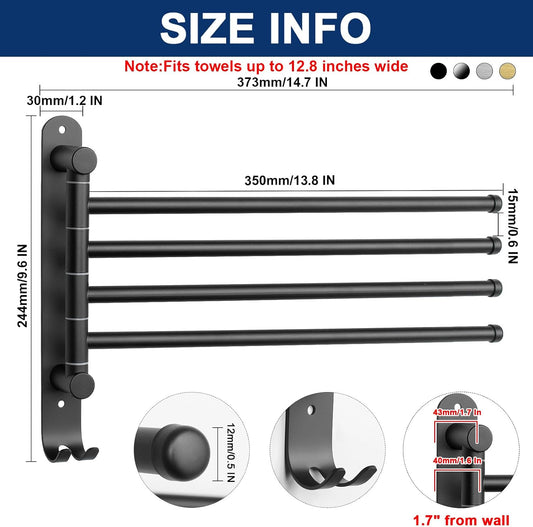 NearMoon Swivel Towel Rack, 13.8" Thicken 304 Stainless Steel 4-Arm Towel Bar, Space Saving Wall Mounted Towel Holder with Hook, Rustproof Swing Out Towel Hanger for Bathroom, Kitchen (Matte Black)