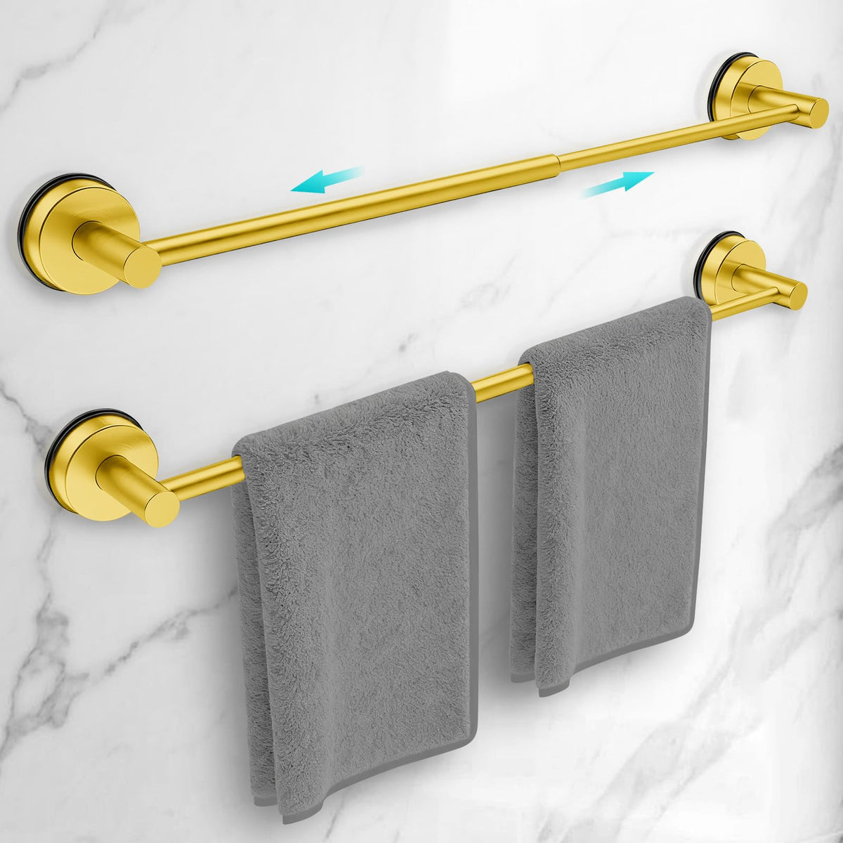 Adjustable Suction Cup Towel Bar for Bathroom Wall,14.6Inch~24 Inch Towel Racks for Bathroom,Stainless Steel Bath Towel Holder for Shower(Brushed Silver)
