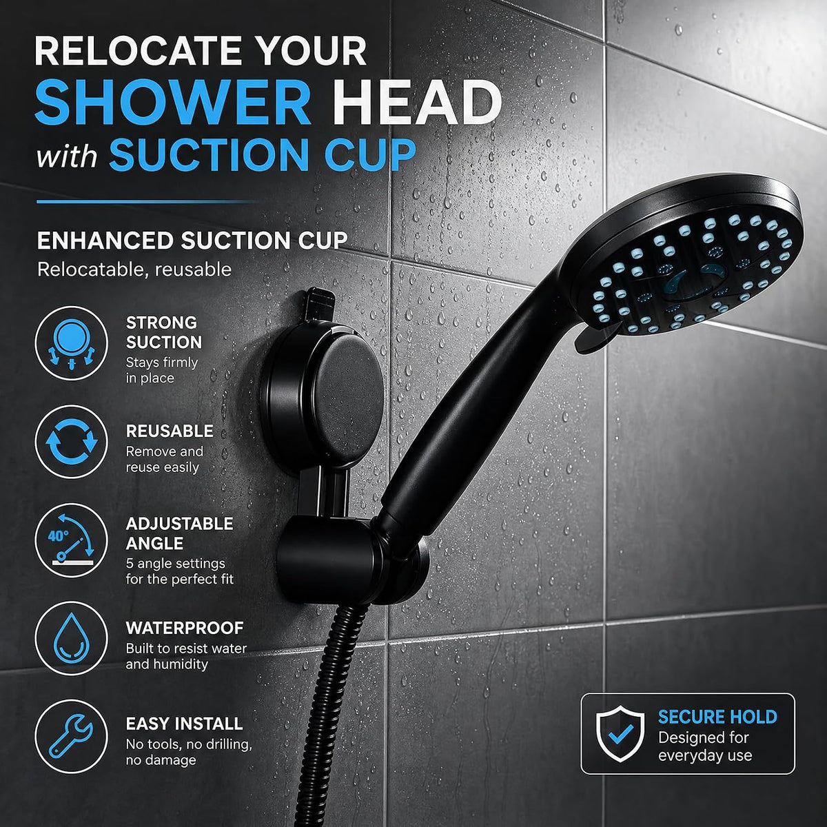 Handheld Shower Head Holder- Enhanced Suction Cup - 5 Angles Adjustable - Relocated Bathroom Wall Mount Shower Hose Holder (Matte Black)