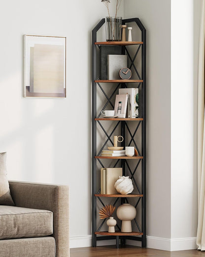 CHOEZON 6-Tier Corner Shelf, Industrial Corner Bookshelf, 71.2" Corner Storage Stand, Plant Stand Display Shelf, Corner Bookcase for Bedroom, Living Room, Home Office, Rustic Brown and Black TCJ11BF