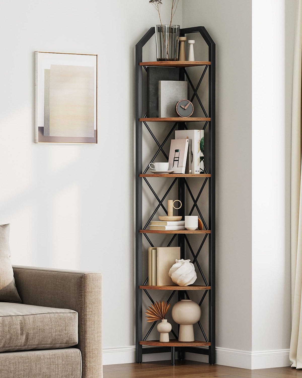 CHOEZON 59.4" Corner Shelf, 5-Tier Industrial Corner Bookshelf, Corner Storage Stand, Plant Stand Display Shelf, Bookcase for Bedroom, Living Room, Home Office, Rustic Brown and Black TCJ10BF