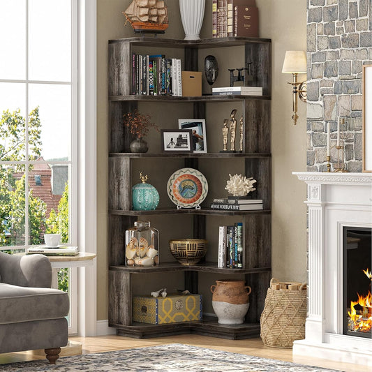 Armocity Corner Book Shelf, 6-Shelf L Shaped Corner Bookshelf with Baffle