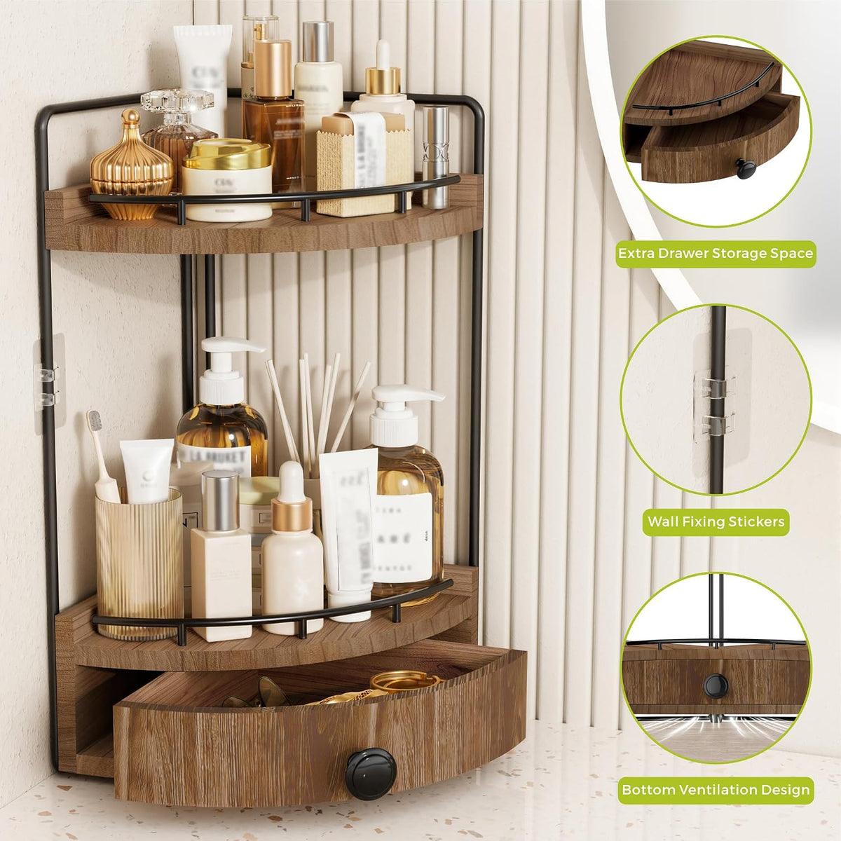 2-Tier Corner Bathroom Counter Organizer with Drawer, Dark Brown