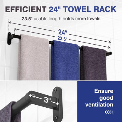 Powools Matte Black 24" Towel Rack, Rustproof Wall Mounted Towel Bar