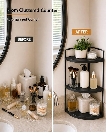 3-Tier Corner Bathroom Counter Organizer, Solid Pine Vanity Shelf, Black