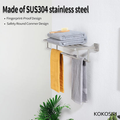 KOKOSIRI 20 Inch Towel Rail Towel Shelf with Double Towel Bars Bathroom Towel Rack Towel Holder Wall Mounted SUS 304 Stainless Steel, Brushed Nickel, B6005BR-L20