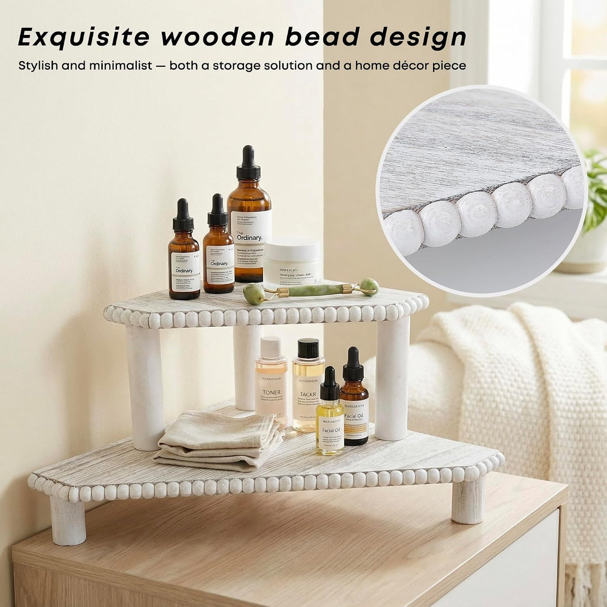 2-Tier Rustic Corner Shelf for Kitchen Counter,Wood Beaded Farmhouse Countertop Organizer with Removable Feet, Stackable Bathroom Vanity & Coffee Bar Decorative Riser Stand(Rustic White)