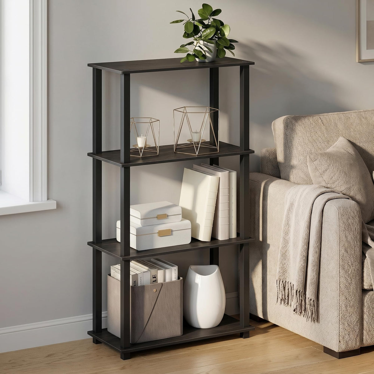 Furinno TURN-N-TUBE Corner Shelf, 5-Tier Corner Bookshelf, Open Storage Shelves, for Organization and Storage, Living Room, Home Office, Garage, Bedroom, Espresso