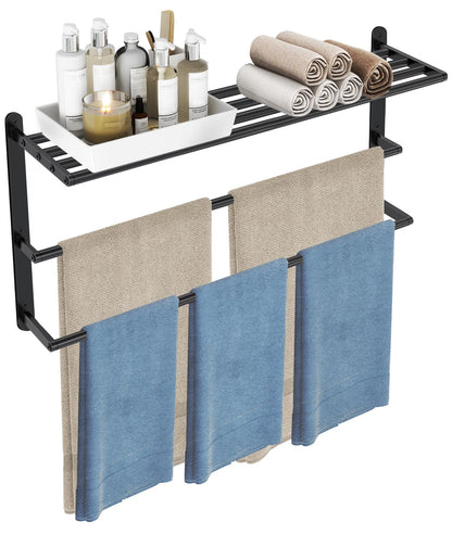 VOTZAAQ Towel Racks for Bathroom, 24 in Black Towel Shelf with Double Towel Bar, 3 Tier Stainless Steel Towel Storage, Bath Towel Holder Wall Mounted for Lavatory Organizer Decor RV Camping