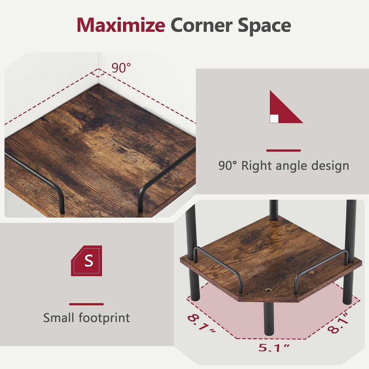 Tajsoon 3 Tier Corner Shelf Stand, Small Corner Table, Rustic Brown