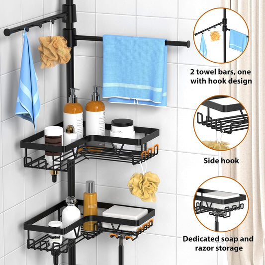 KEGII Shower Caddy Tension Pole with 2 Towel Bars, Adjustable Corner Bathroom Organizer, Rustproof Bathtub Storage Shelves for Shampoo, 25–114.2 Inch Shower Corner Rack for Renters & Family, Black