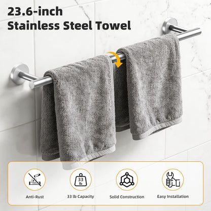 Brushed Nickel 5-Piece Bathroom Hardware Set, 23.6 Inch Towel Bar Set SUS304 Stainless Steel Towel Racks Round Towel Bar, Towel Ring, Toilet Paper Holder, 2 Robe Hooks, Wall Mounted