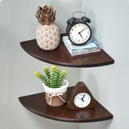 Corner Shelves, Floating Corner Shelf, Set of 2 7inch Solid Oak Wood Wall Shelves, Round End Wall Mount with Wire Hole Shelving for Small Plant for Bedroom Kitchen, Living Room