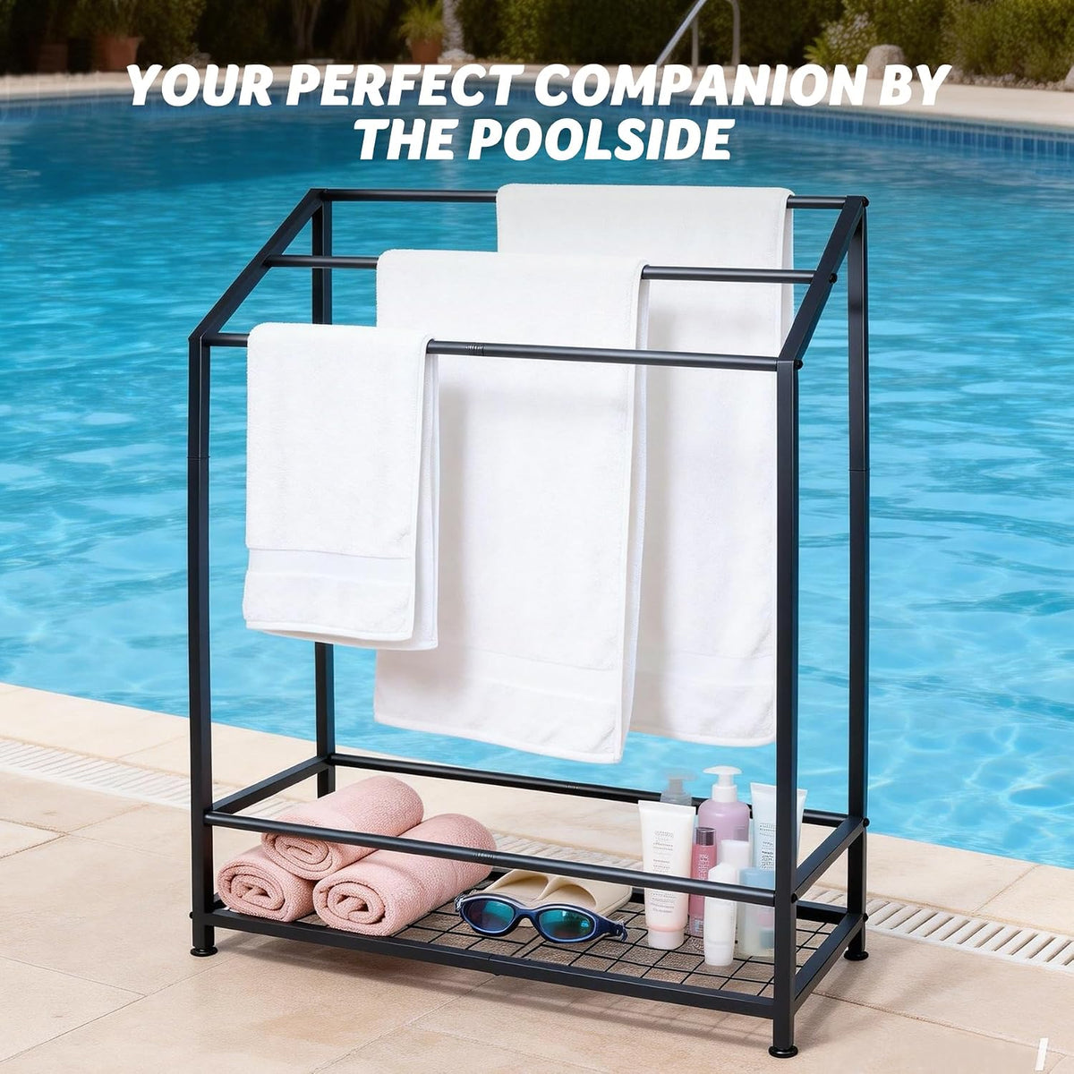 Hjarta Free Standing Towel Rack, 26 Inch Wide 3-Bar Stand with Shelf