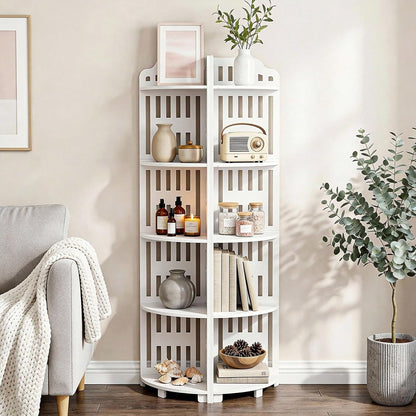 5 Tier Corner Storage Shelf, 43.3 Inch Waterproof PVC Freestanding Organizer with Slotted Panels, Scandinavian Style Triangle Display Rack for Bathroom, Kitchen and Living Room