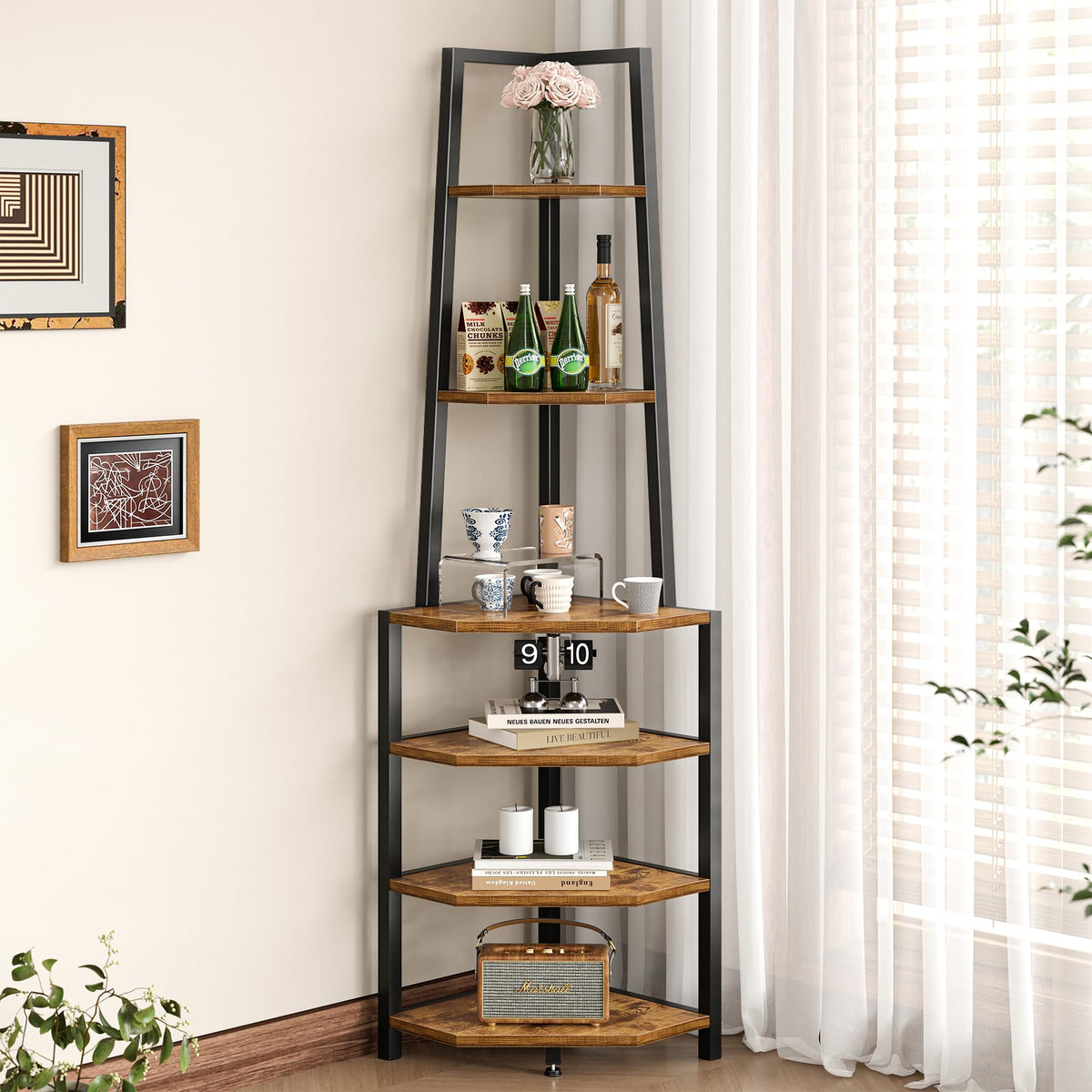 VECELO 6 Tier Corner Shelf 69 Inch Industrial Bookshelf with Metal Frame, Multipurpose Tall Plant Stand with Opening Display Shelves for Living Room, Bedroom, Home Office, Small Space, Brown