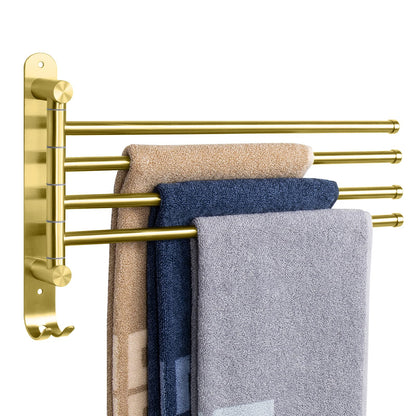 NearMoon Swivel Towel Rack, 13.8" Thicken 304 Stainless Steel 4-Arm Towel Bar, Space Saving Wall Mounted Towel Holder with Hook, Rustproof Swing Out Towel Hanger for Bathroom, Kitchen (Matte Black)