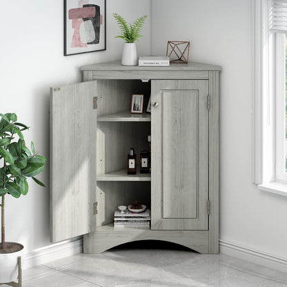 Corner Storage Cabinet with Adjustable Shelves, Triangle Bathroom & Kitchen Organizer, Freestanding Floor Cabinet for Toilet Kitchen Bathroom Cleaning Supplies (Oak)
