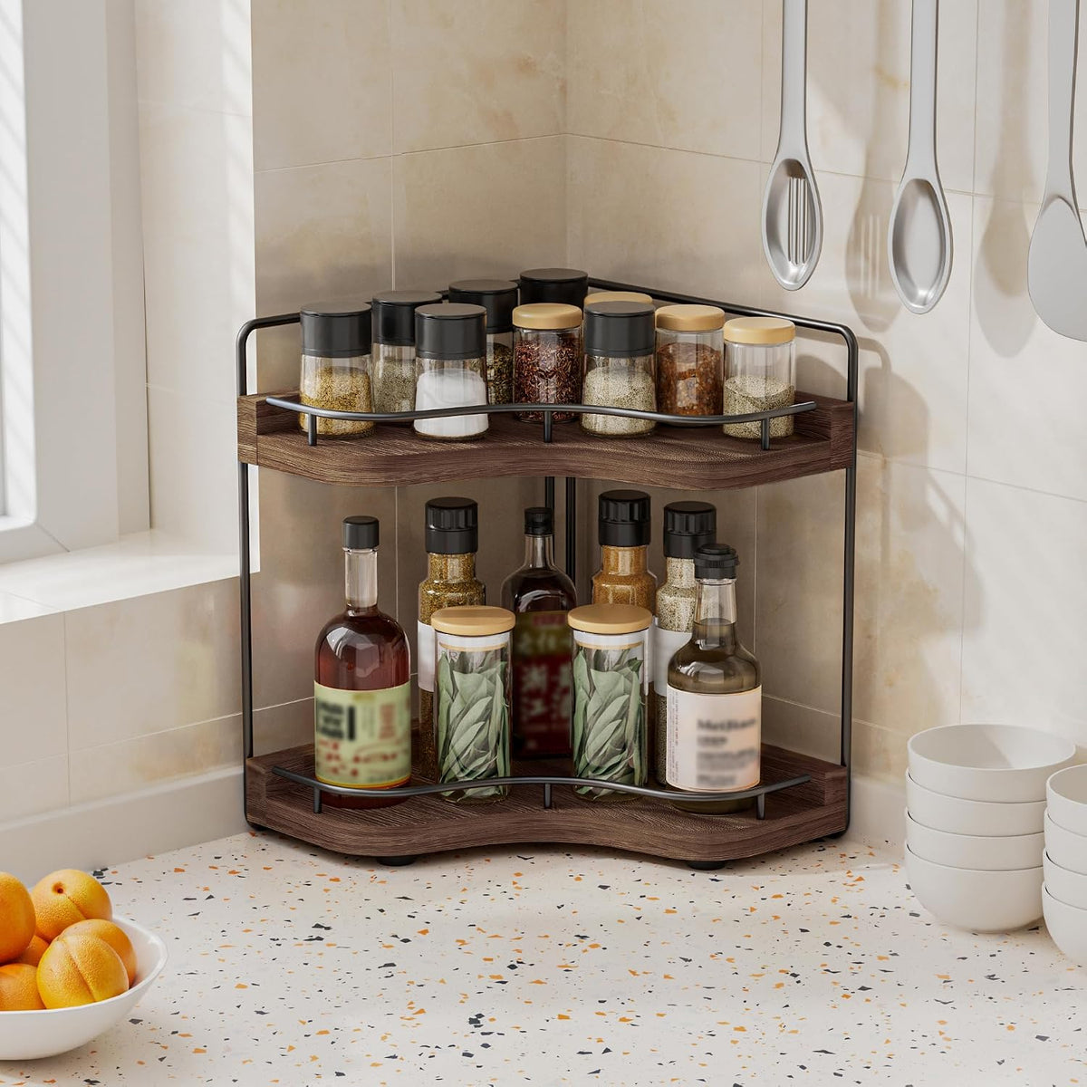 2-Tier Corner Bathroom Counter Organizer for Storage, Dark Brown