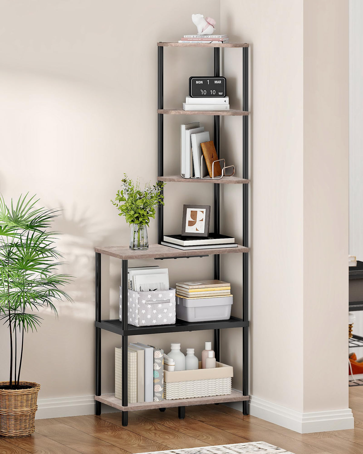 CHOEZON 6-Tier Corner Shelf, Industrial Corner Bookshelf with Desk Top, Diamond-Shaped Storage Shelves, Display Stand for Small Spaces, Living Room, Home Office, Foyer, Rustic Brown and Black TCJ70BF