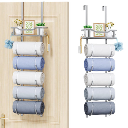 SWTYMIKI Over the Door Towel Rack - 6 Tier Towel Racks for Bathroom Wall Mounted, Towel Holder with Shelf, Hanging Rolled Towel Storage Organizer for Small Bathroom, Camper, RV, Black