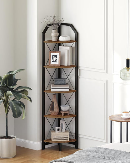 CHOEZON 59.4" Corner Shelf, 5-Tier Industrial Corner Bookshelf, Corner Storage Stand, Plant Stand Display Shelf, Bookcase for Bedroom, Living Room, Home Office, Rustic Brown and Black TCJ10BF