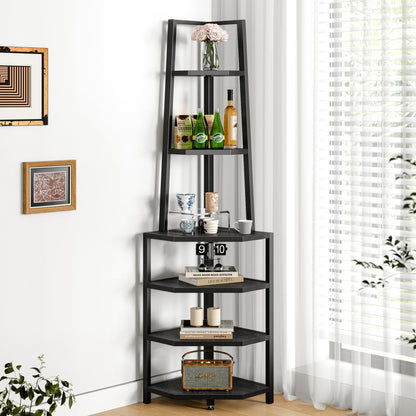 VECELO 6 Tier Corner Shelf 69 Inch Industrial Bookshelf with Metal Frame, Multipurpose Tall Plant Stand with Opening Display Shelves for Living Room, Bedroom, Home Office, Small Space, Brown