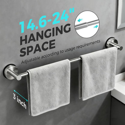 Adjustable Suction Cup Towel Bar for Bathroom Wall,14.6Inch~24 Inch Towel Racks for Bathroom,Stainless Steel Bath Towel Holder for Shower(Brushed Silver)