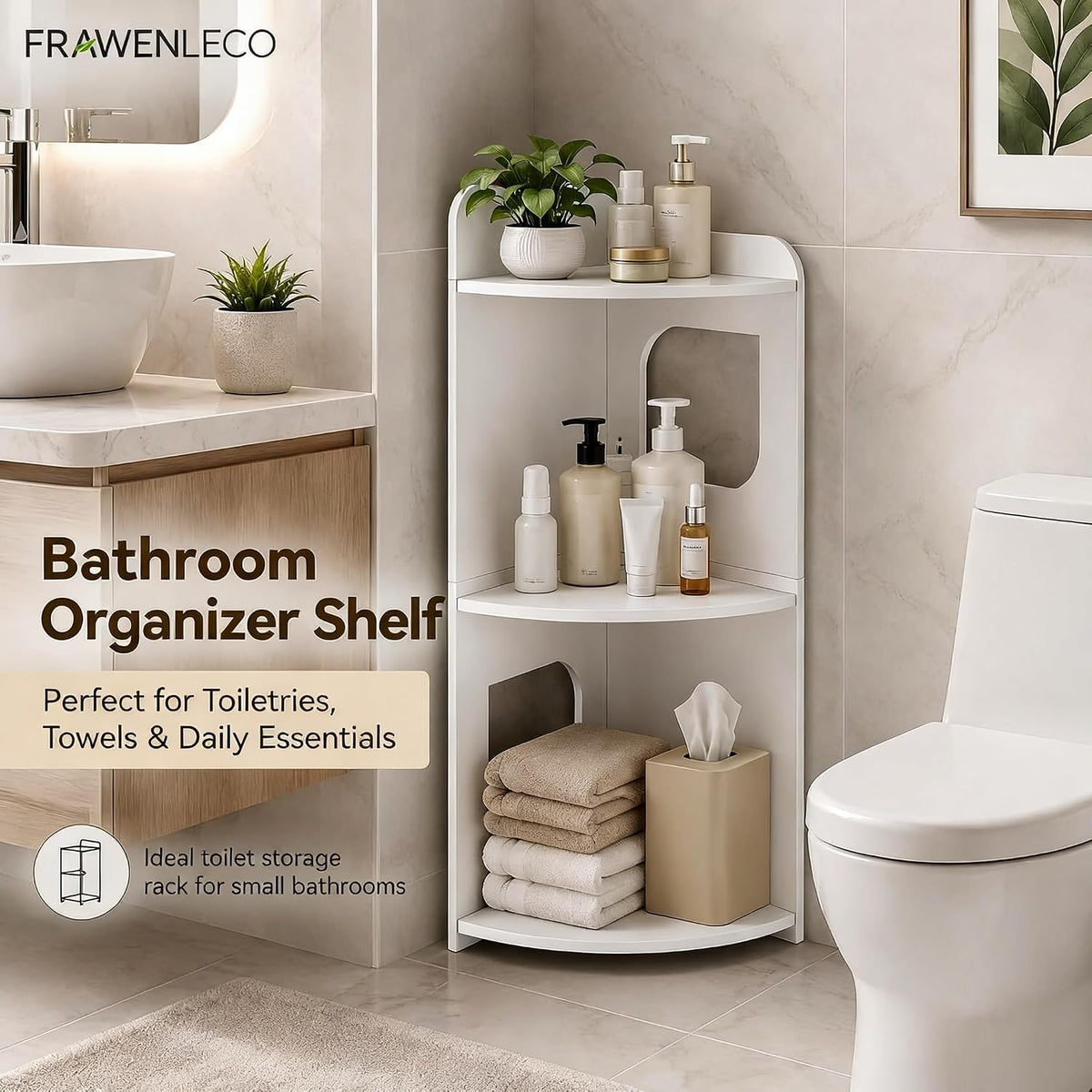 3-Tier Bathroom Corner Shelf, PVC Freestanding Corner Storage Shelf for Bathroom, Toilet, Shower, Kitchen and Small Spaces, Triangle Floor Organizer Rack, White