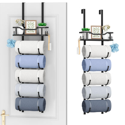SWTYMIKI Over the Door Towel Rack - 6 Tier Towel Racks for Bathroom Wall Mounted, Towel Holder with Shelf, Hanging Rolled Towel Storage Organizer for Small Bathroom, Camper, RV, Black